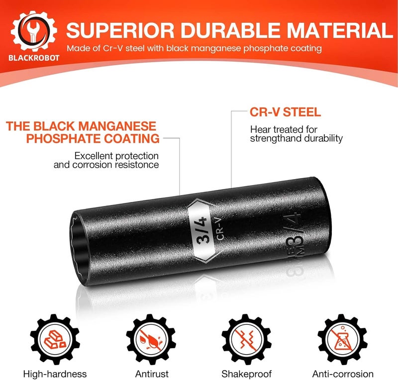 BLACKROBOT 3/4 inch 12-Point Deep Impact Socket, 1/2 Inch Drive, Metric, Cr-V Steel With Black Manganese Phosphate Coating - Image 5